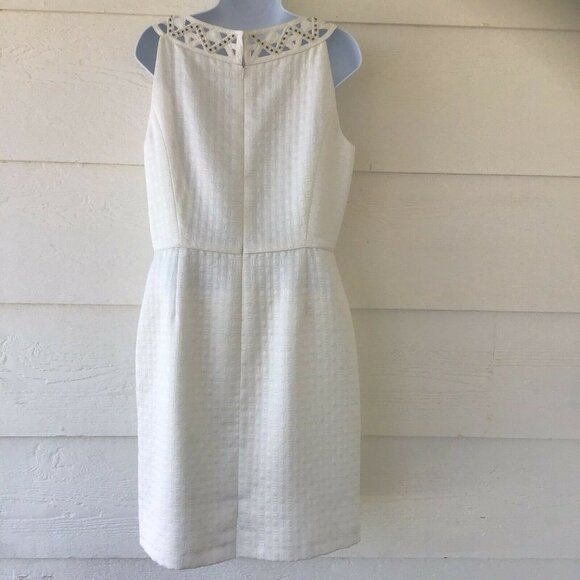 Antonio Melani Women's Size 10 Ivory Sheath Lined Dress Lattice Beaded Neckline - Picture 5 of 12